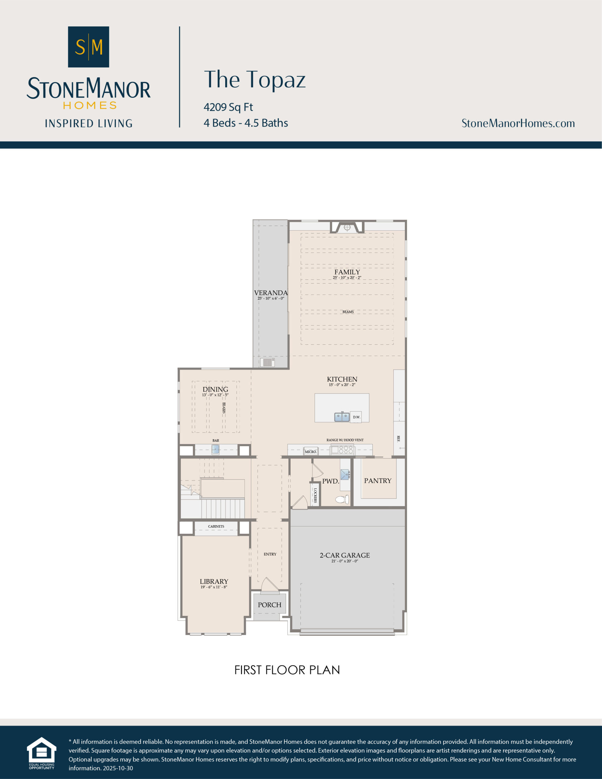 First-floor plan of The Topaz home by StoneManor Homes, featuring a 2-car garage, pantry, kitchen, dining area, family room, library, powder room, and porch; labeled rooms are shown in a rectangular layout.