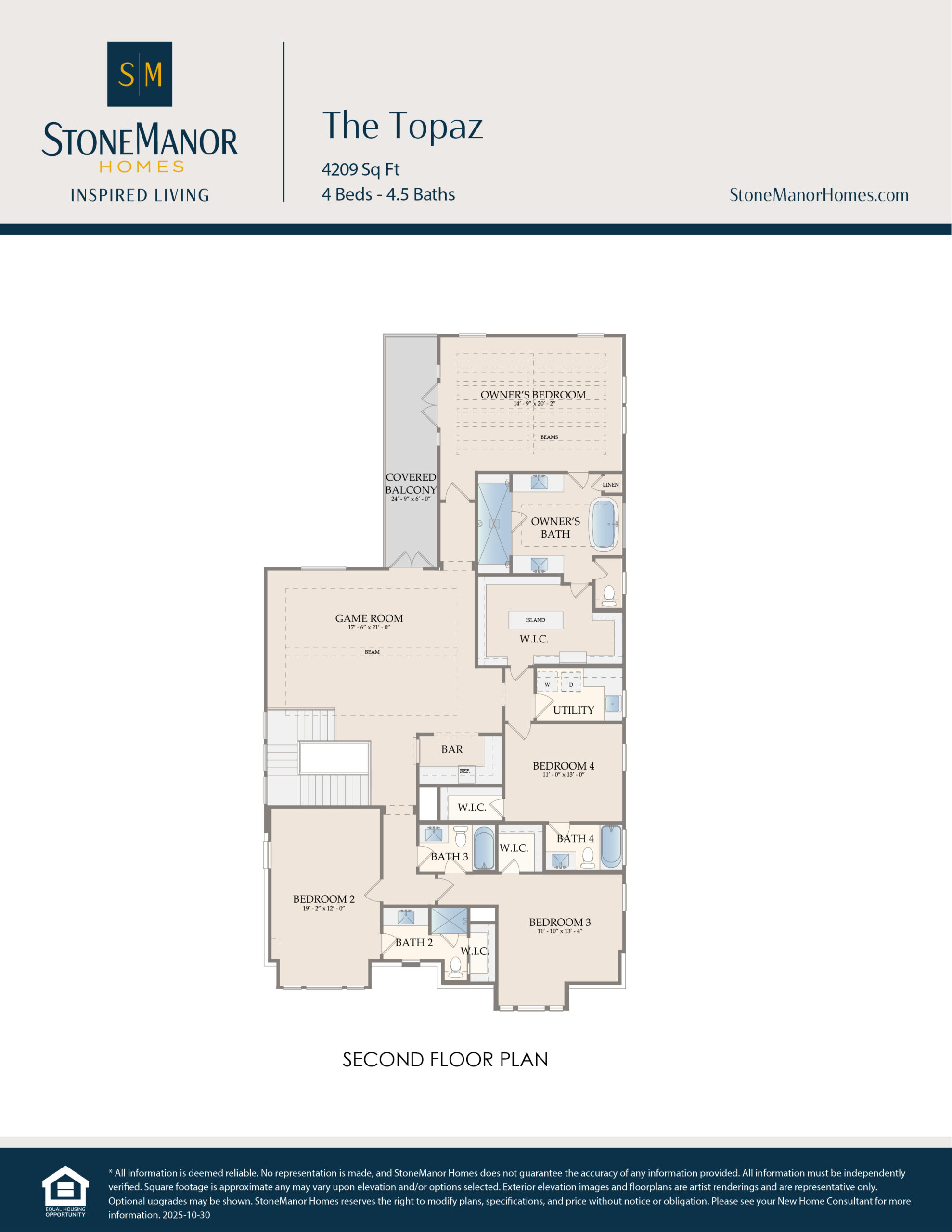 Second floor plan of a house showing four bedrooms, including an owners bedroom with two walk-in closets and two bathrooms, a game room, two additional bathrooms, a laundry room, and a linen closet.