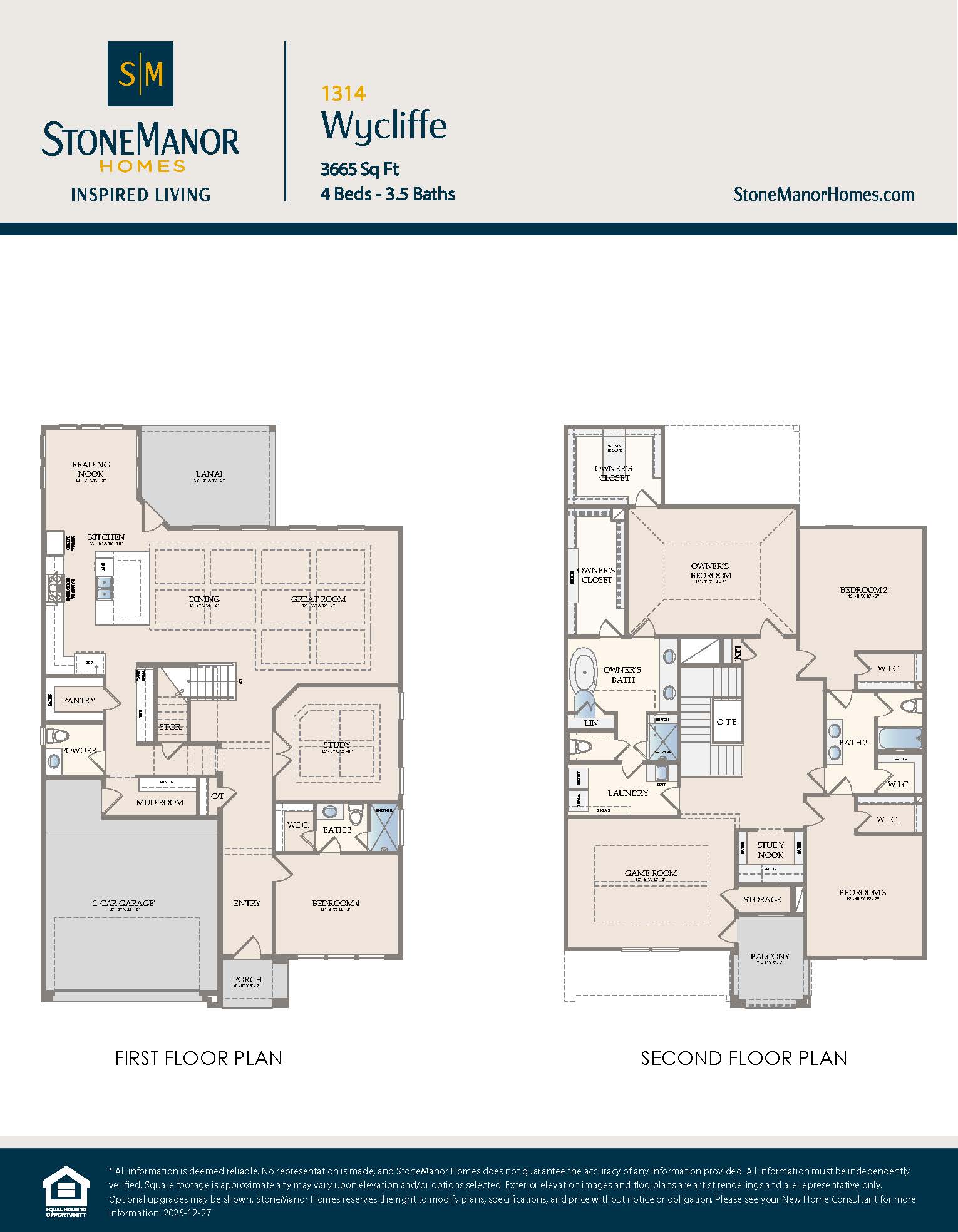 Floor plans for a two-story home labeled Wycliffe by StoneManor Homes, showing layouts for the first and second floors with four bedrooms, 3.5 baths, and various living spaces.