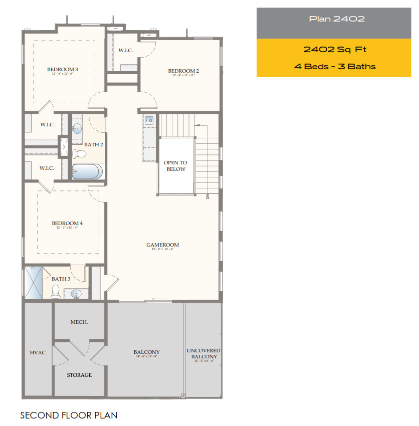 Second floor plan of a house showing four bedrooms, three bathrooms, gameroom, storage, HVAC, mechanical room, two balconies (one uncovered), and “Plan 2402” details: 2402 sq ft, 4 beds, 3 baths.