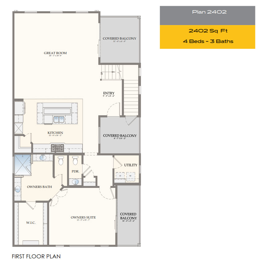 First floor plan of a house labeled Plan 2402, showing a great room, kitchen, owners suite with bath and walk-in closet, utility room, powder room, and multiple covered balconies. Info box shows 2402 sq ft, 4 beds, 3 baths.