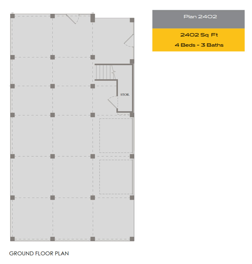 Ground floor plan layout with labeled rooms and staircase; sidebar shows Plan 2402, 2402 sq ft, 4 beds, 3 baths, in gray and yellow boxes.