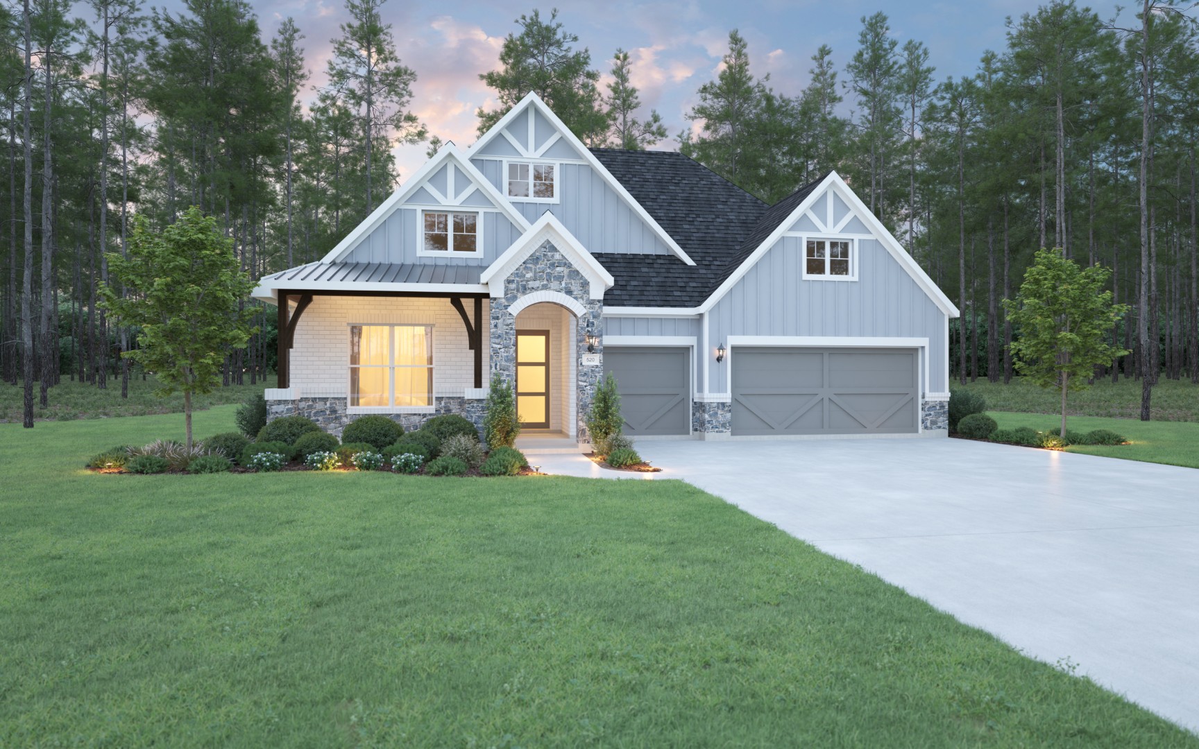 Front elevation of a mykonos model from stonemanor homes with 3 car garage and white siding